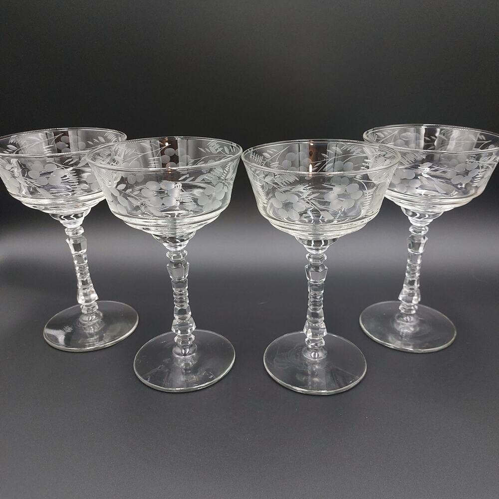Libbey Rock Sharpe Halifax Etched Champagne/Tall Sherbet 1940/1950 Set of 4